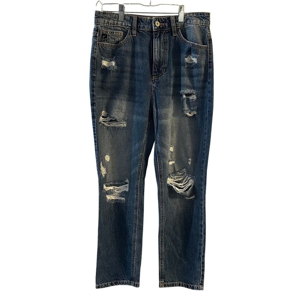 KanCan High Rise Distressed Mom Jeans Medium Wash Straight Leg KC9144M Size 7/27